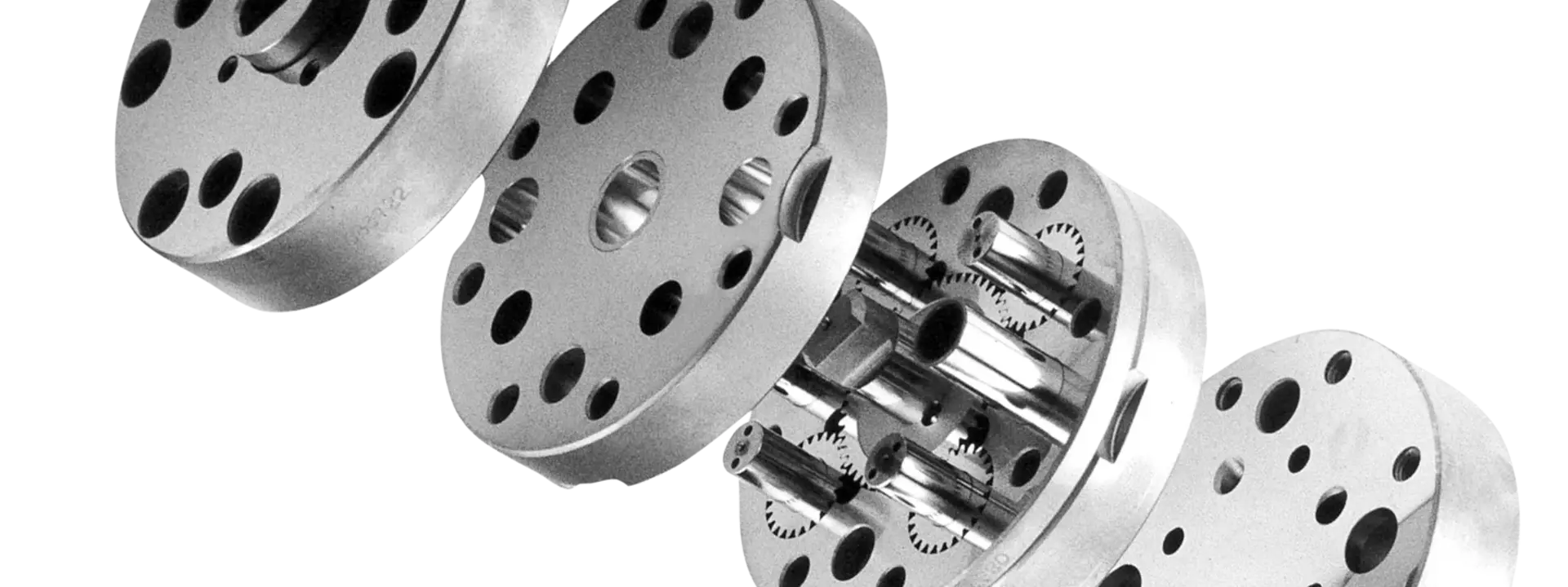 Exploded-view drawing of a gear metering pump